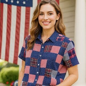 Carolina Blues Patriotic Blouse cotton Sz 18 red white blue Patchwork Western